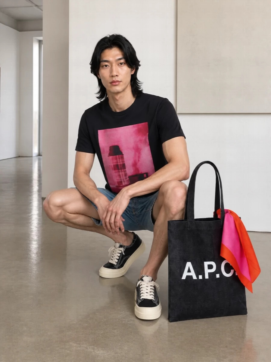 Ink-black Barbour graphics meet clean Courrèges denim shorts for a summer uniform that feels graphic but still grounded. The Represent canvas sneakers keep it low-key and modern, while the A.P.C. tote and Paul Smith scarf add just enough logo and colour to read considered rather than try-hard.