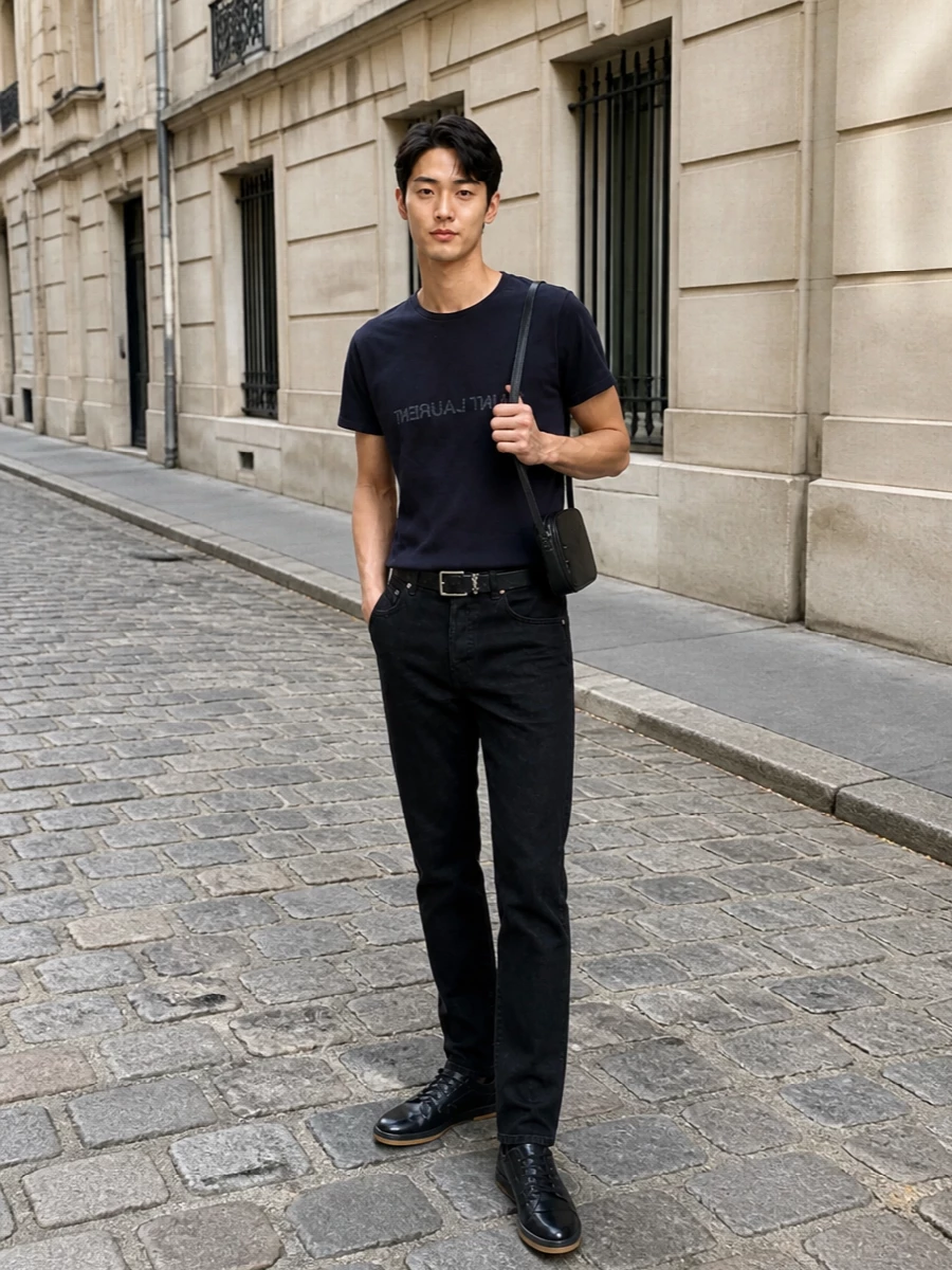 Saint laurent black jeans black leather sneakers outfit