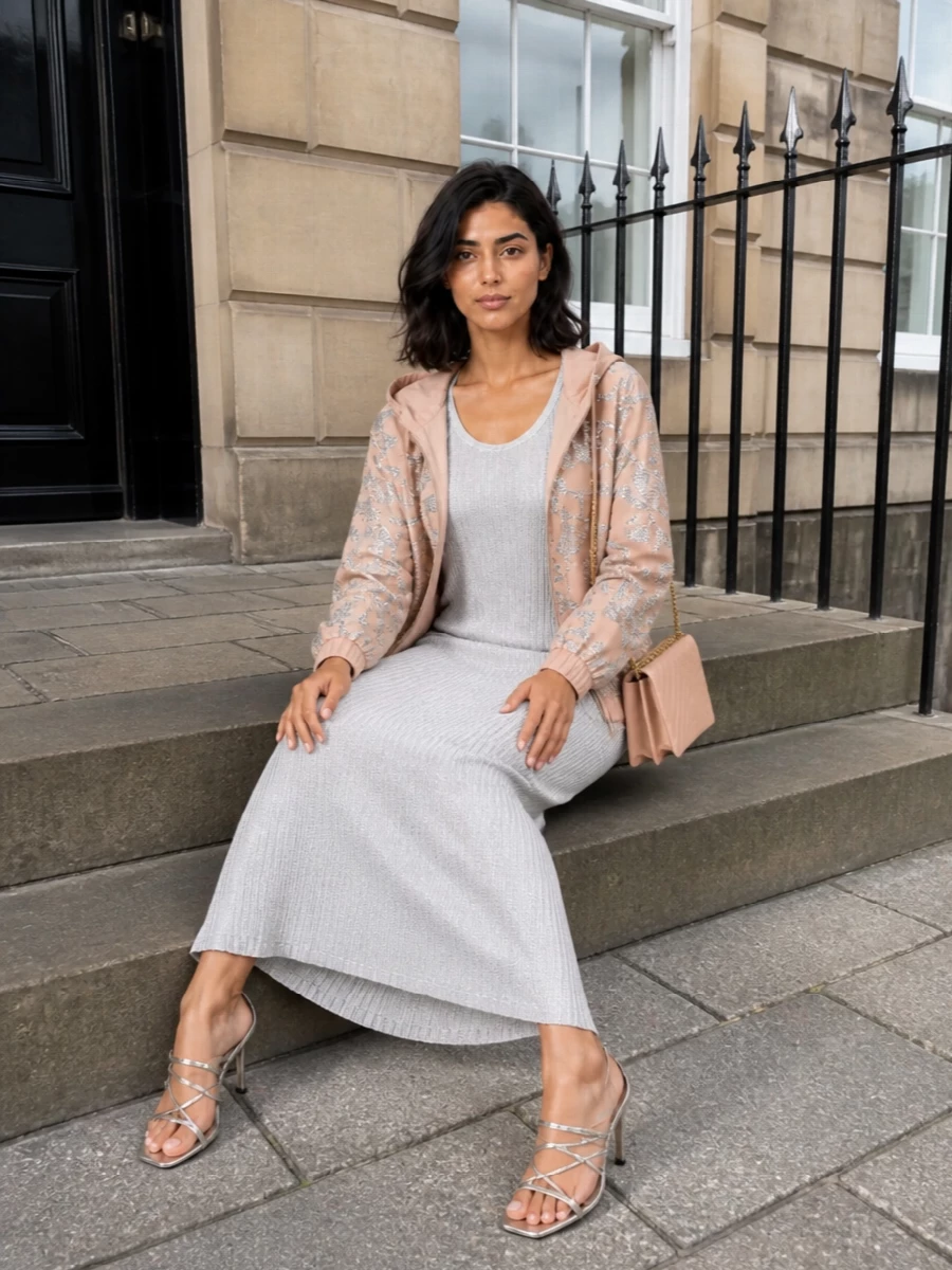 I am anchoring this around the dress path, because a single shimmering column under the sequinned bomber feels more polished and intentional than breaking it up with yet another separate top and bottom. The metallic ribbed maxi and silver strappy sandals extend the jacket’s light-catching energy into a streamlined, night-ready silhouette, while the blush nude bag softly ties back to the bomber’s base colour so the entire outfit reads cohesive rather than costume. It is a romantic, party-leaning ensemble that moves easily from dinner to a dance floor without ever feeling overworked.
