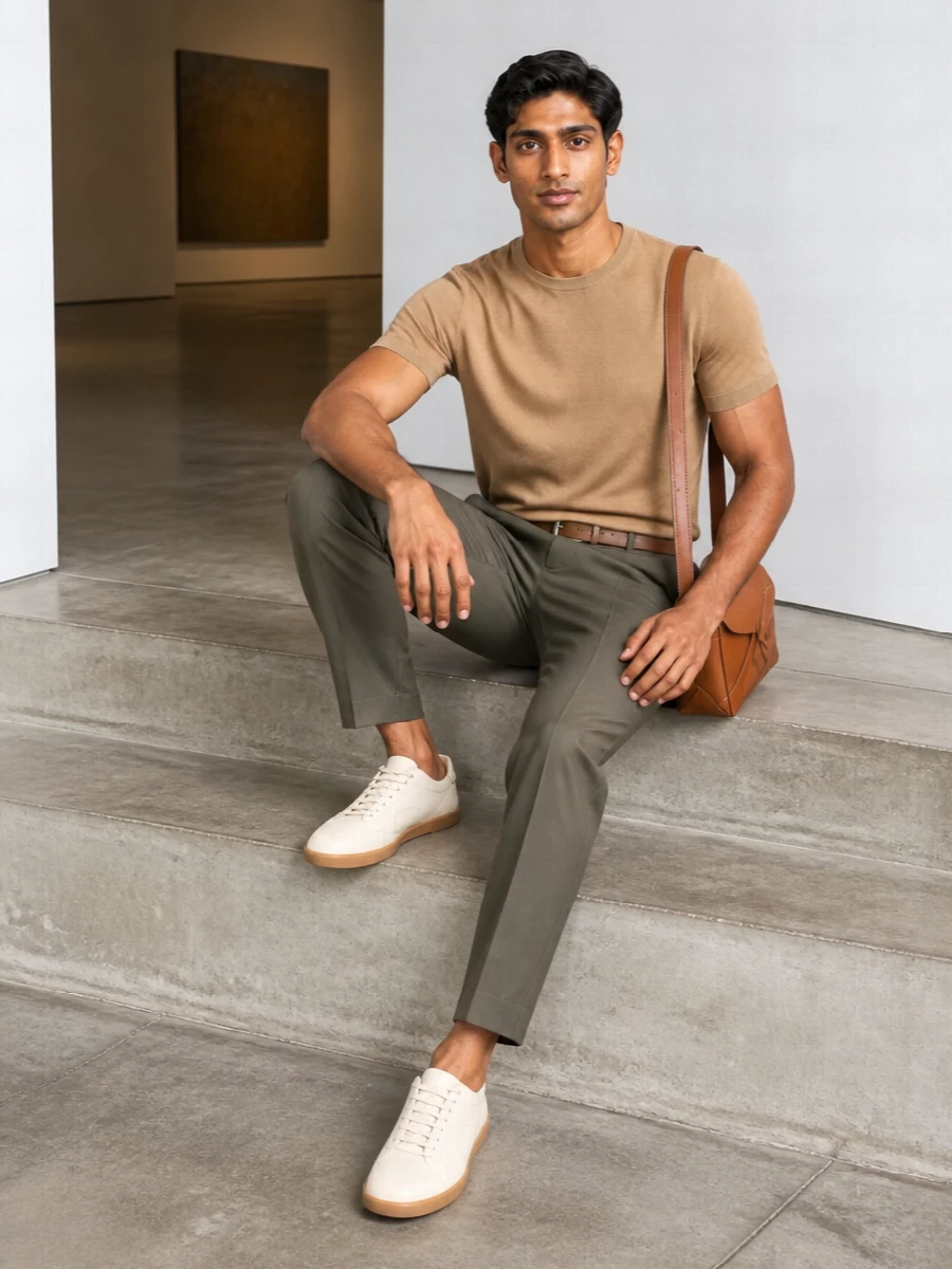 Zegna camel knit olive trouser loewe bag