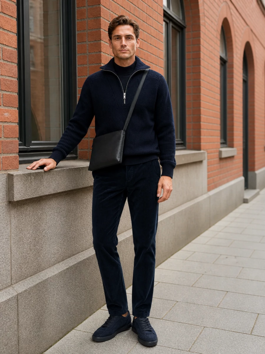 Celine navy zip knit brunello trousers outfit