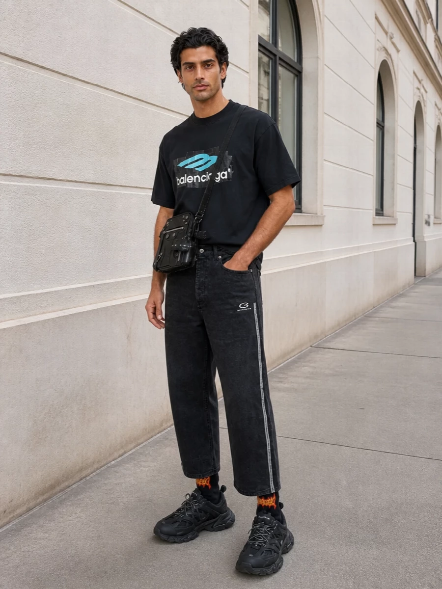 Balenciaga mens graphic tee striped jeans outfit