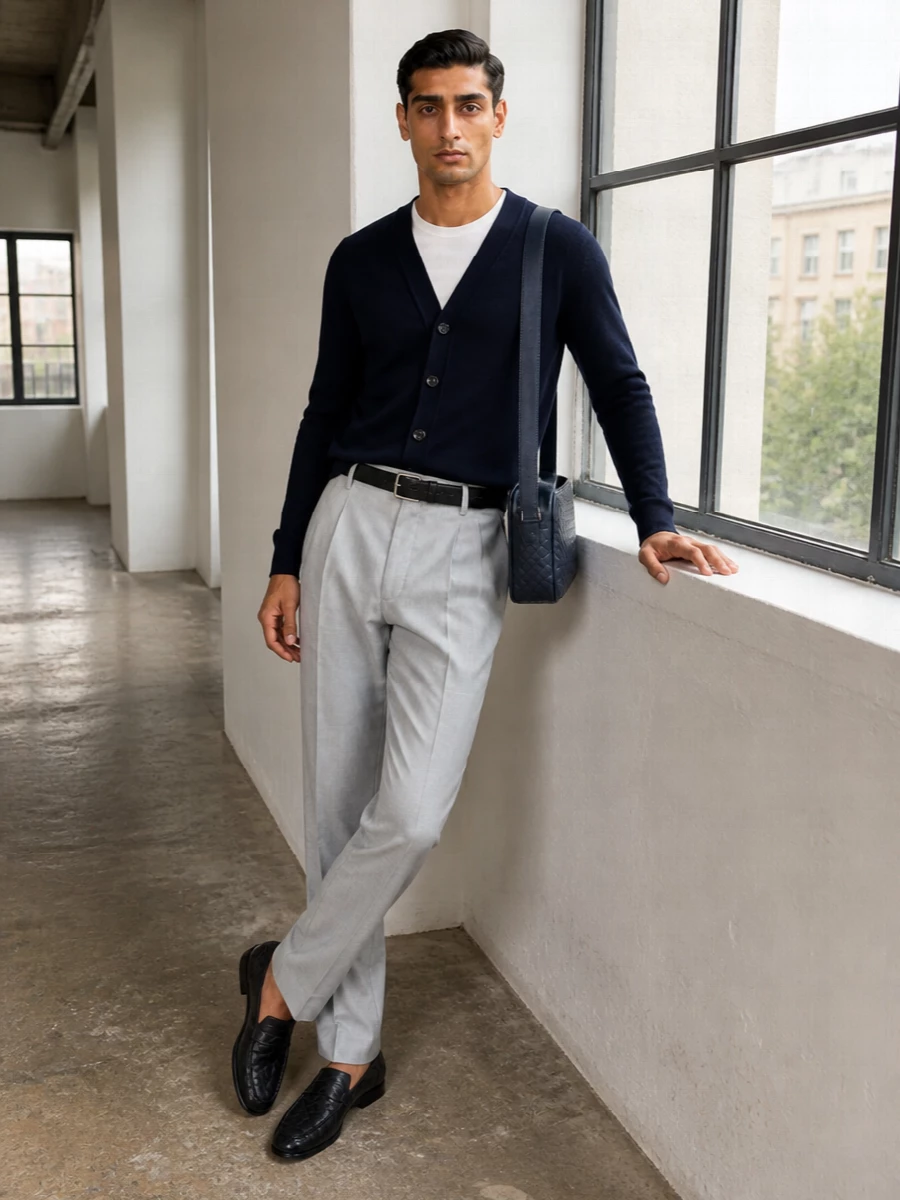 Bottega veneta navy cardigan grey trousers outfit
