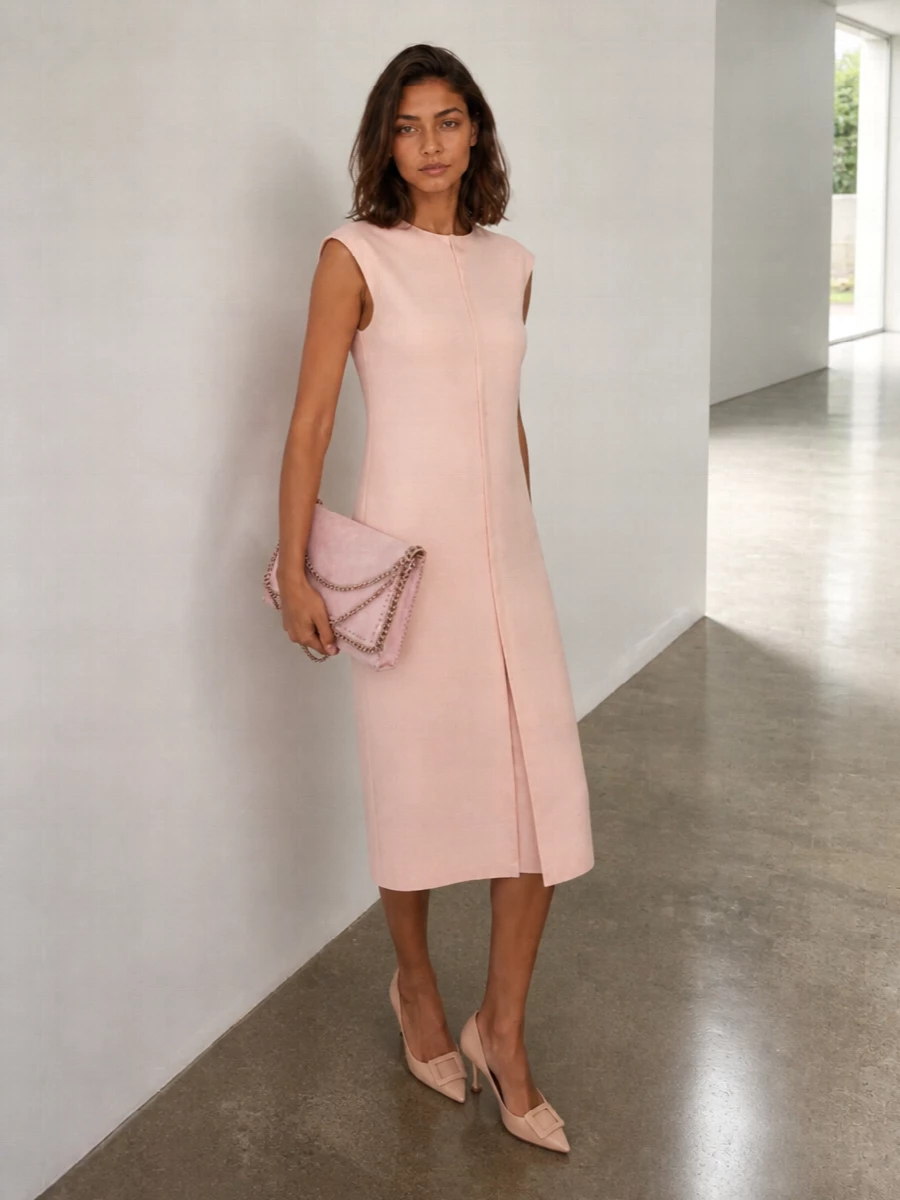 I chose the dress route, because the blush Ami Paris shift creates a cleaner, more modern line with the Stella clutch than mixing a separate top and skirt would. The result is a soft pink tonal story that feels romantic yet restrained, where subtle texture and tailoring do the work instead of loud details. Nude d’Orsay pumps keep everything light and elongated, so the rose-gold chain of the bag reads as the main metallic accent rather than competing with other statements.