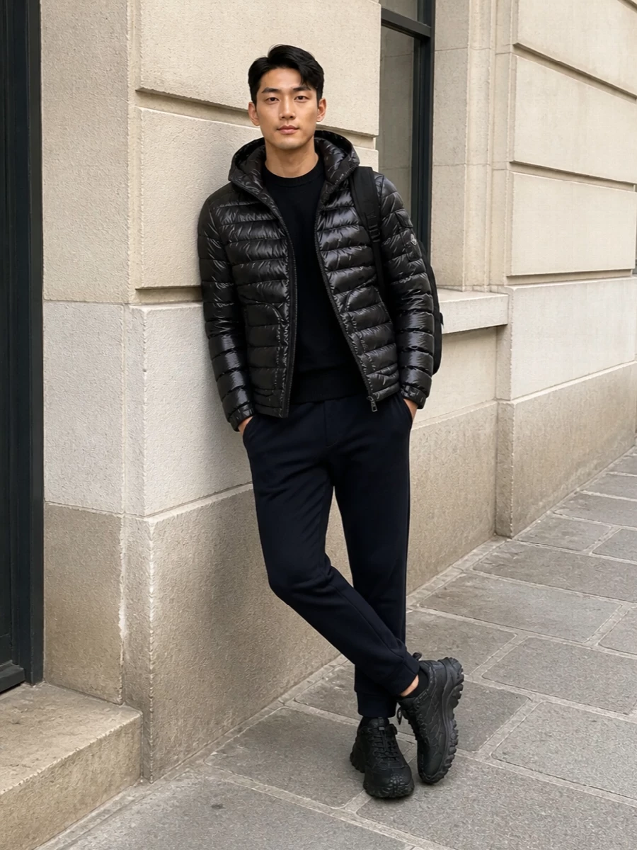 This look builds a refined monochrome sport-lux uniform around the glossy black Moncler puffer, anchored by a black knit, deep-navy technical joggers and stealthy trail-inspired sneakers. The clean black backpack finishes it with functional polish, making the outfit ideal for urban movement and travel while staying firmly in the elevated streetwear lane.