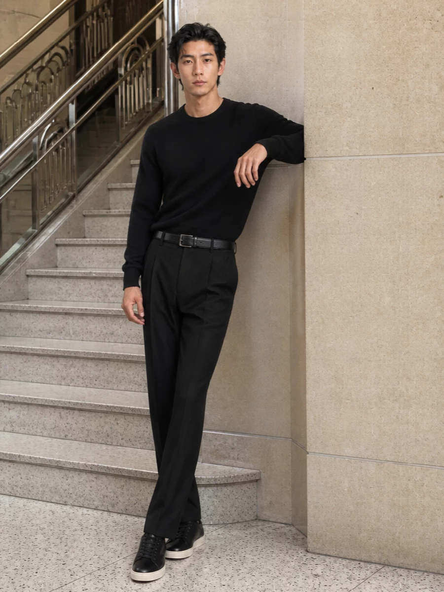Tom ford black crew neck pleated trousers outfit