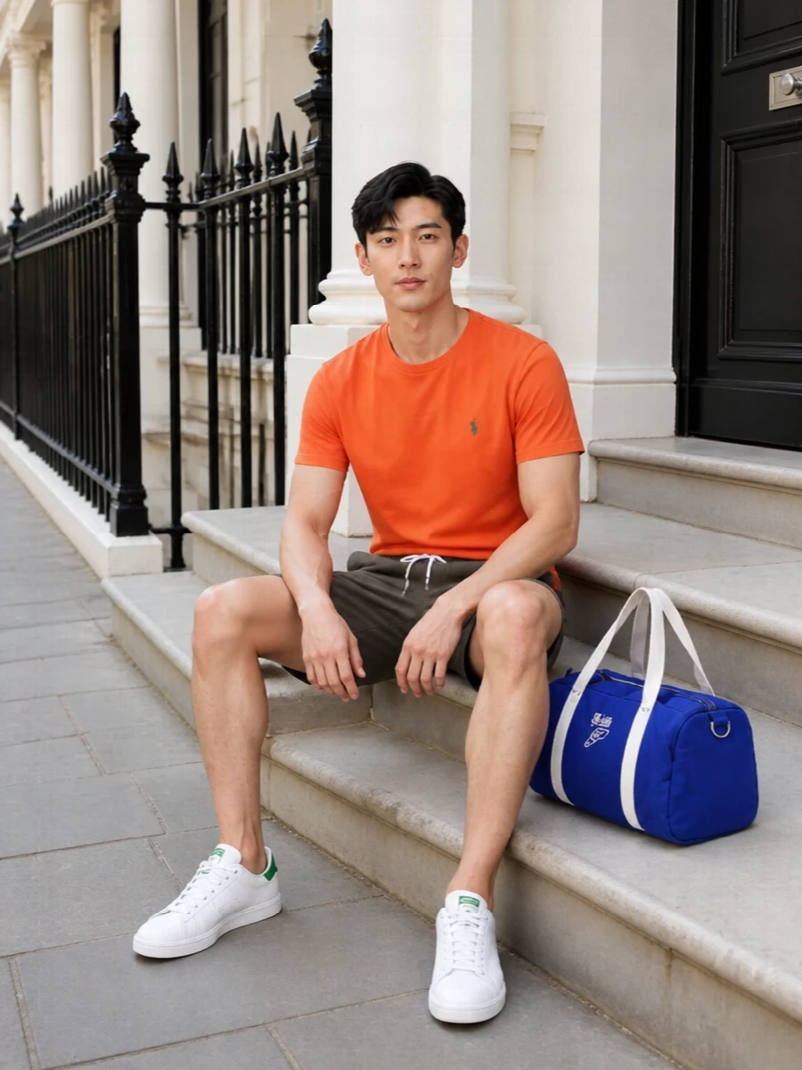 Polo ralph lauren orange tee with shorts sneakers