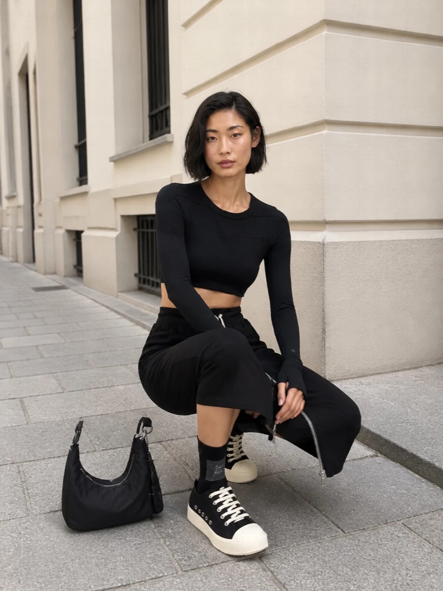 A tight, monochrome Rick Owens story that pushes the pencil skirt into pure street mode. The cropped long sleeve slices the torso high, letting the front zip and drawcord read as the main graphic line, while classic canvas sneakers and a compact black hobo keep it grounded and functional for long city days. It is sharp, athletic and slightly subversive, made for moving fast between galleries, bars and late trains.