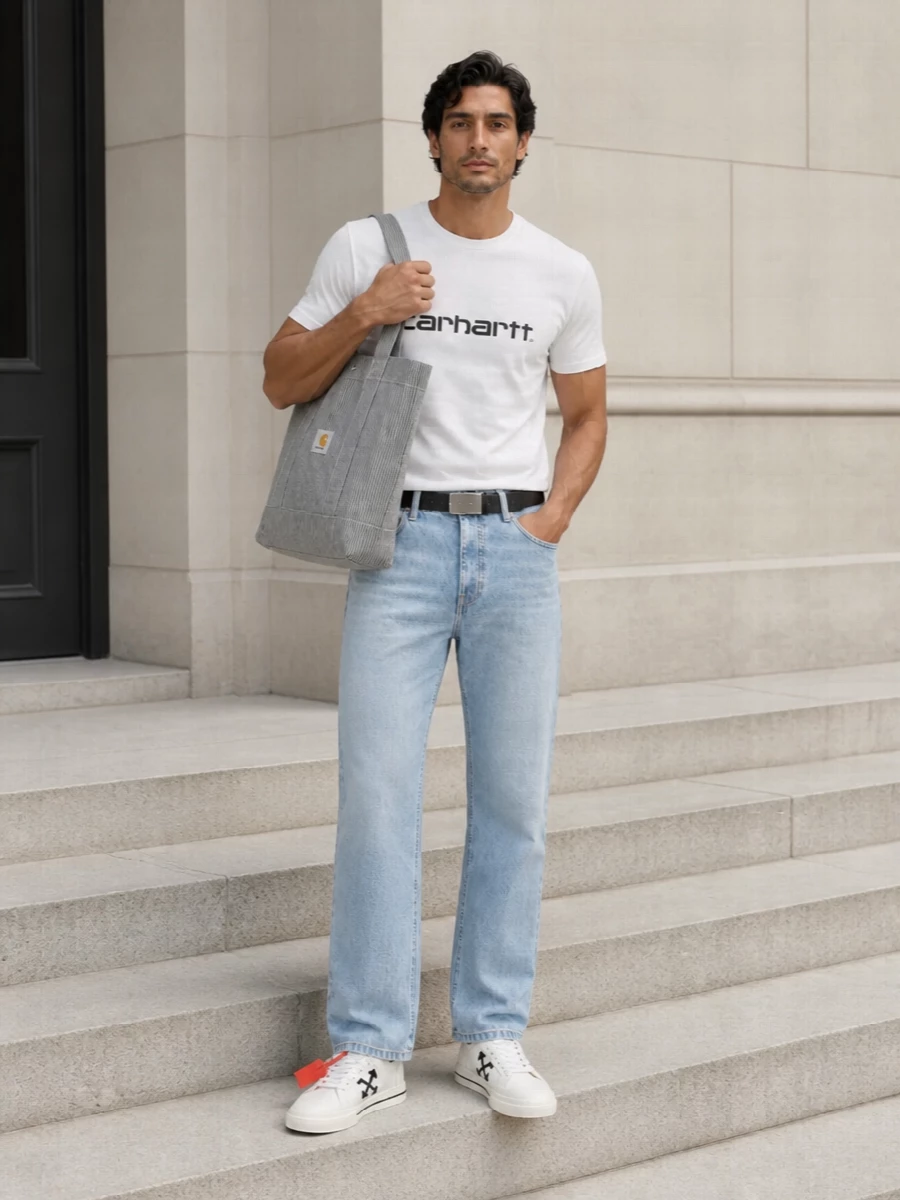 Carhartt tee light jeans off white sneakers