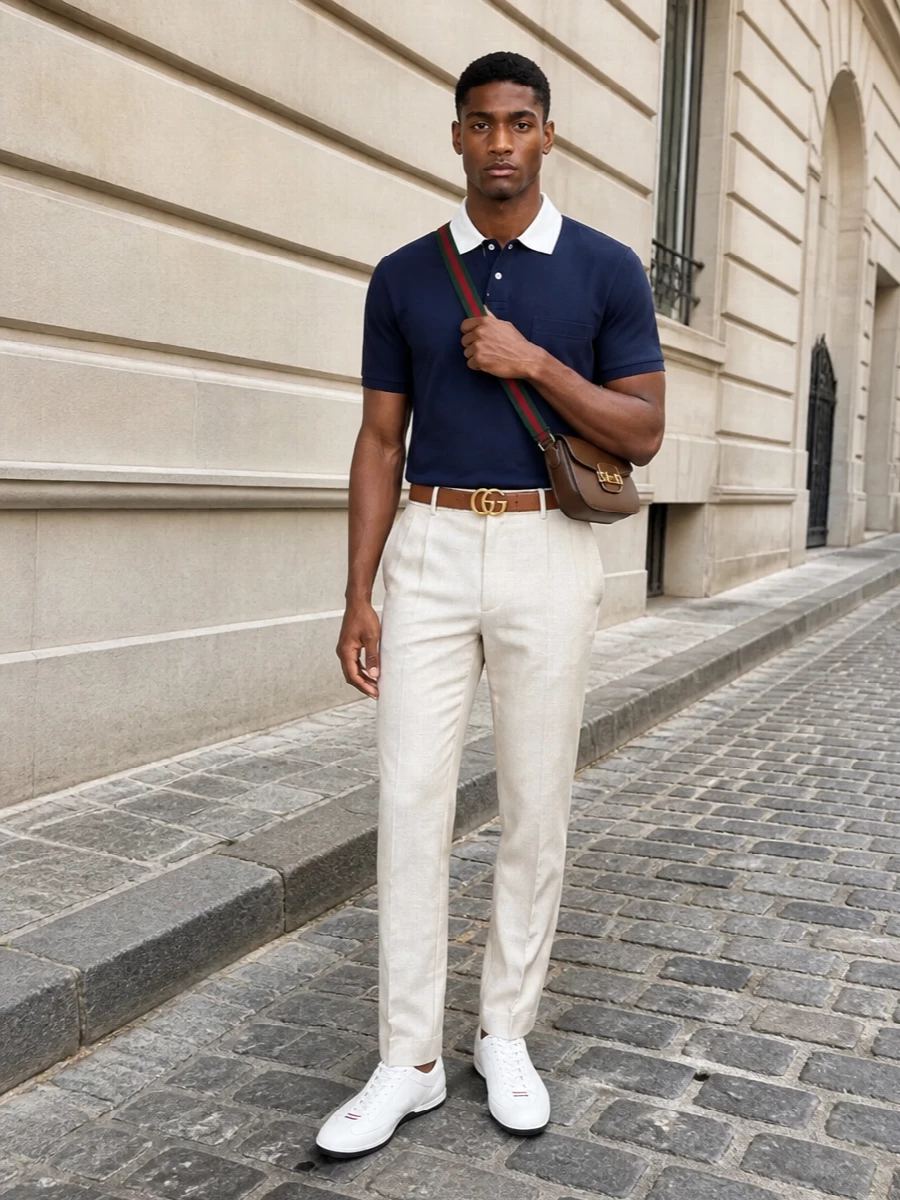 Gucci navy polo beige trousers leather bag