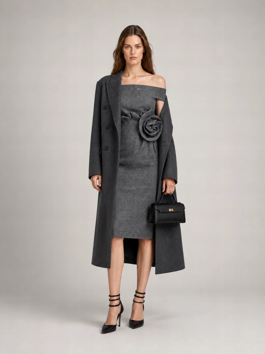 Magda Butrym Wool Silk Draped 3D Flower Boat Neck Evening Dress