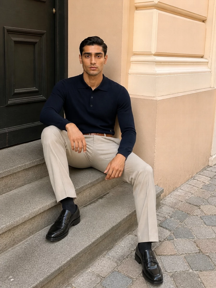 Moschino navy knit polo beige trousers outfit