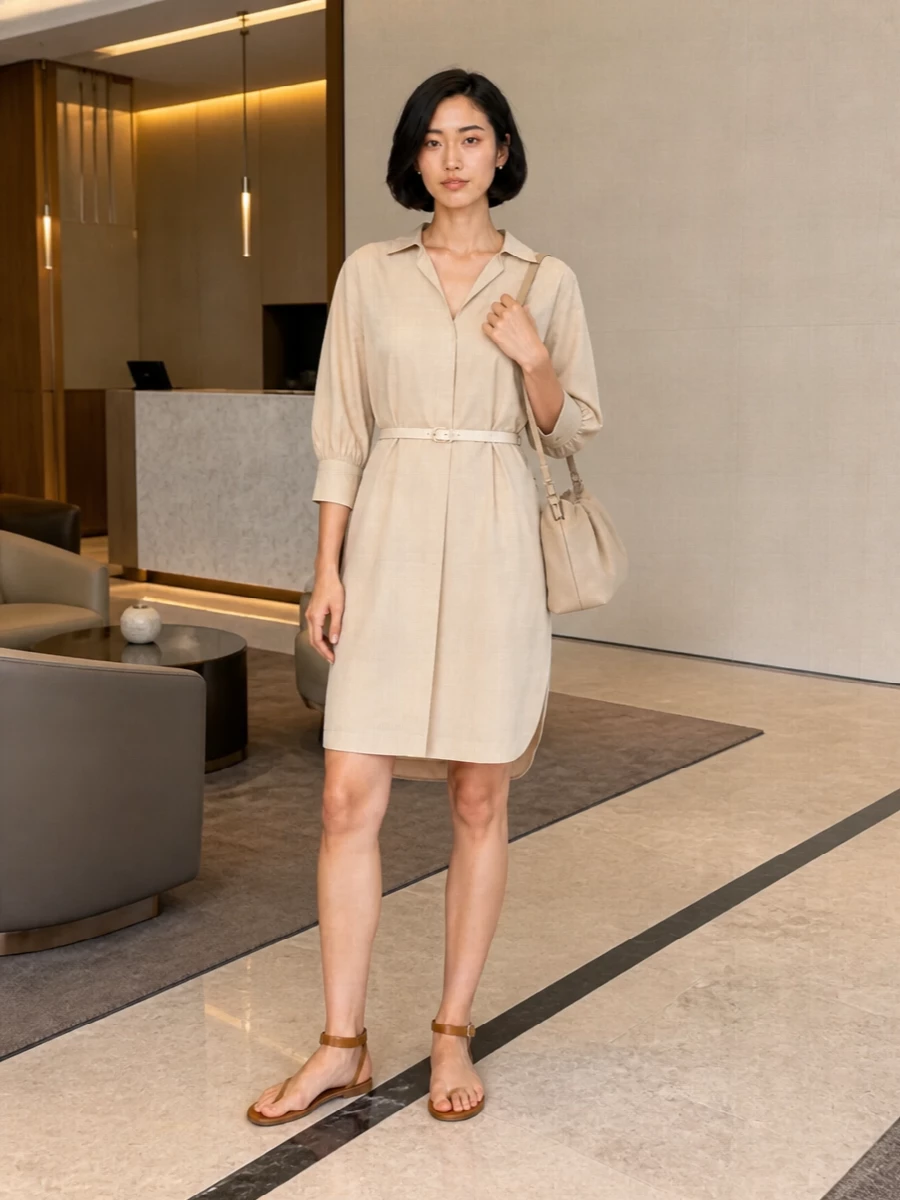 Woolrich beige shirt dress tan sandals outfit