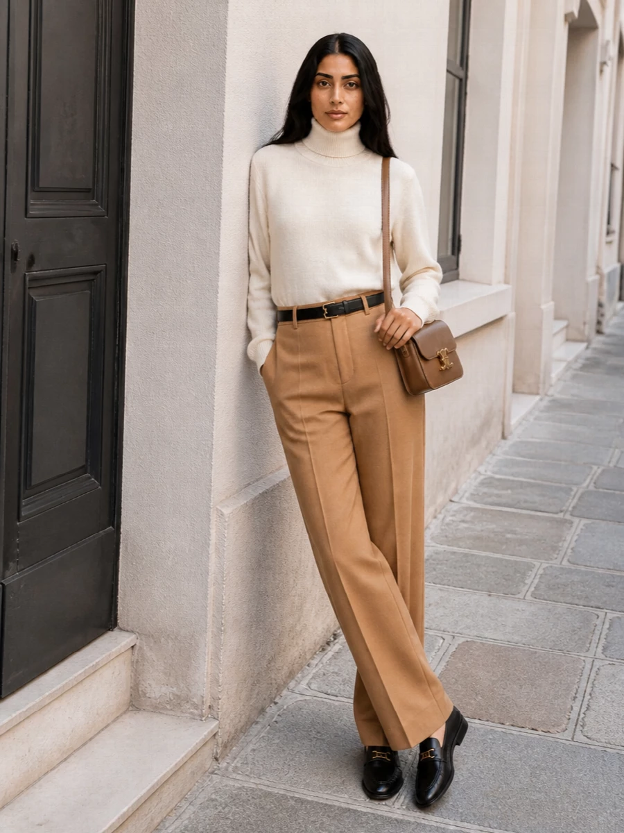 Celine camel trousers ivory knit outfit