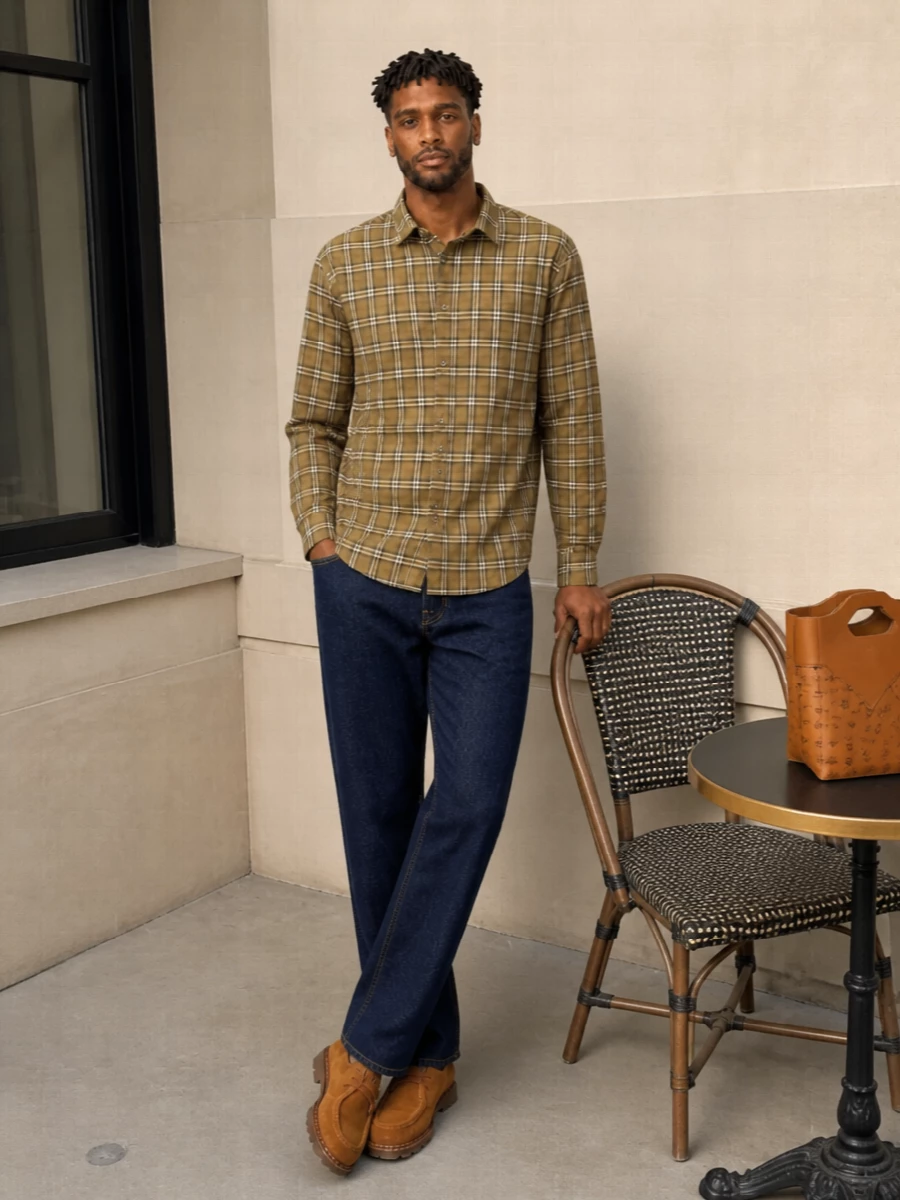 An olive Burberry check shirt and dark indigo denim set an easy, collegiate tone that plays directly into the tan Paraboots’ Alpine‑preppy character. The straight leg and suede shoes keep the proportions relaxed yet composed, while the cognac tote adds a considered hit of leather that ties the warm palette together. Smart enough for city dinners, relaxed enough for weekend roaming.