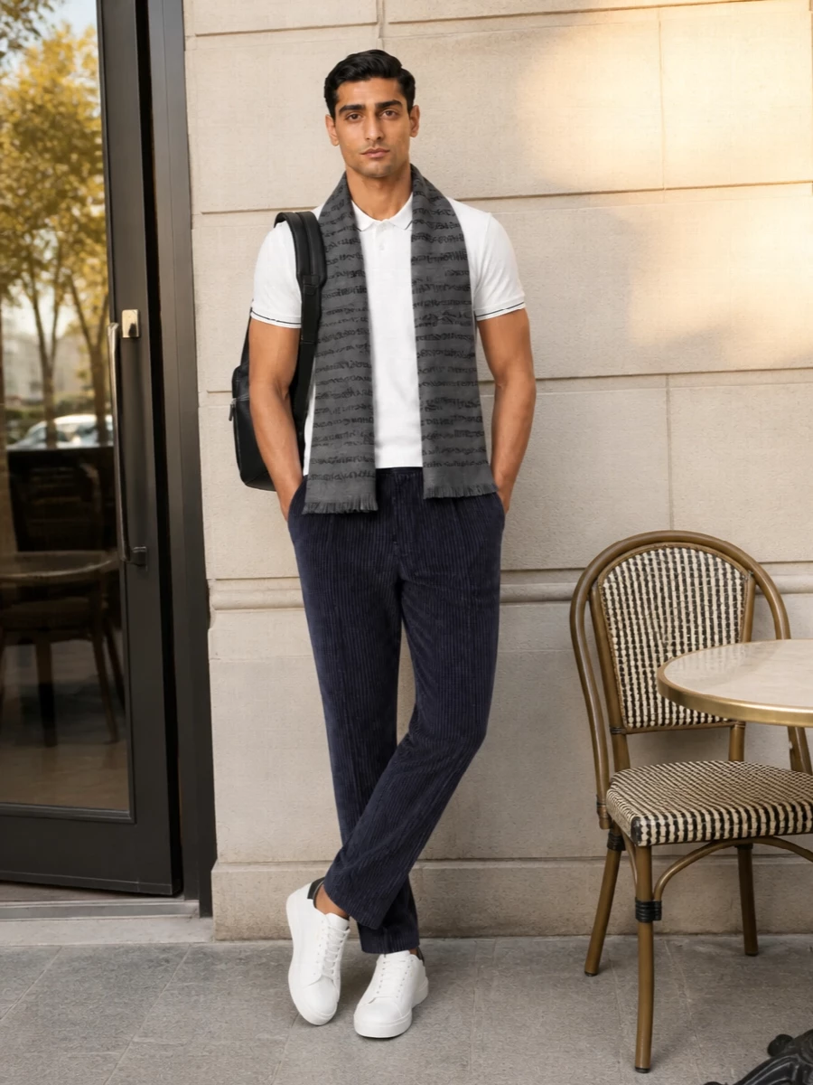 Emporio armani polo navy striped trousers outfit