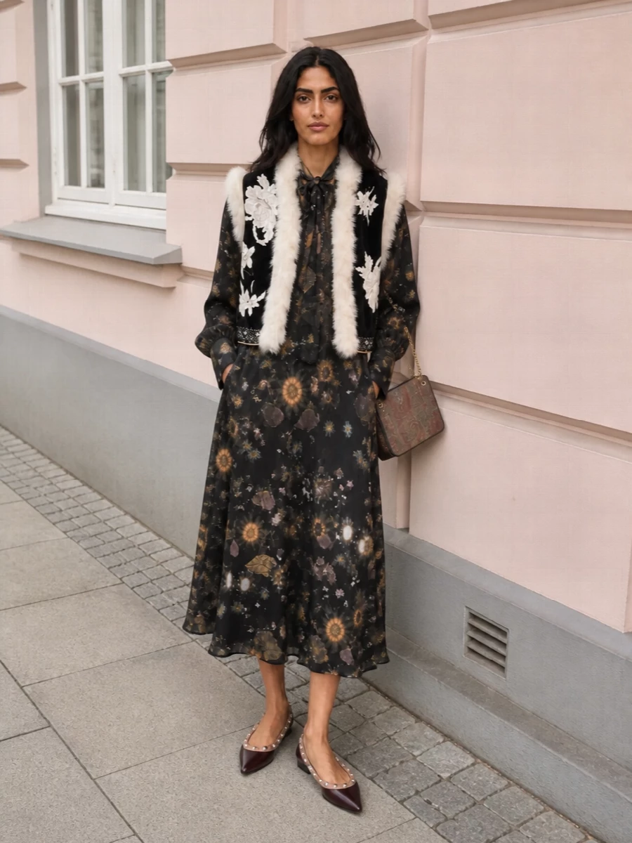 Forte forte vest floral midi dress outfit