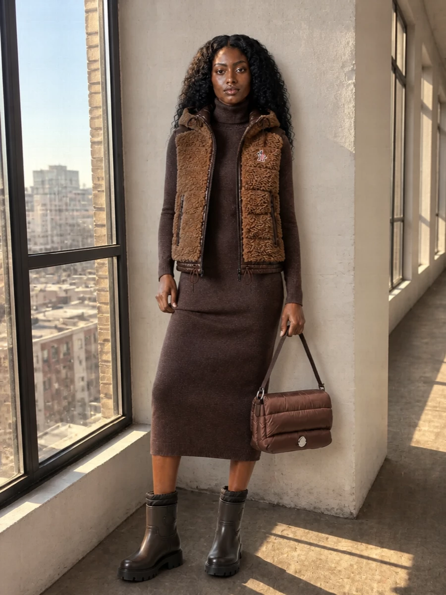 Moncler gilet brown sweater dress boots
