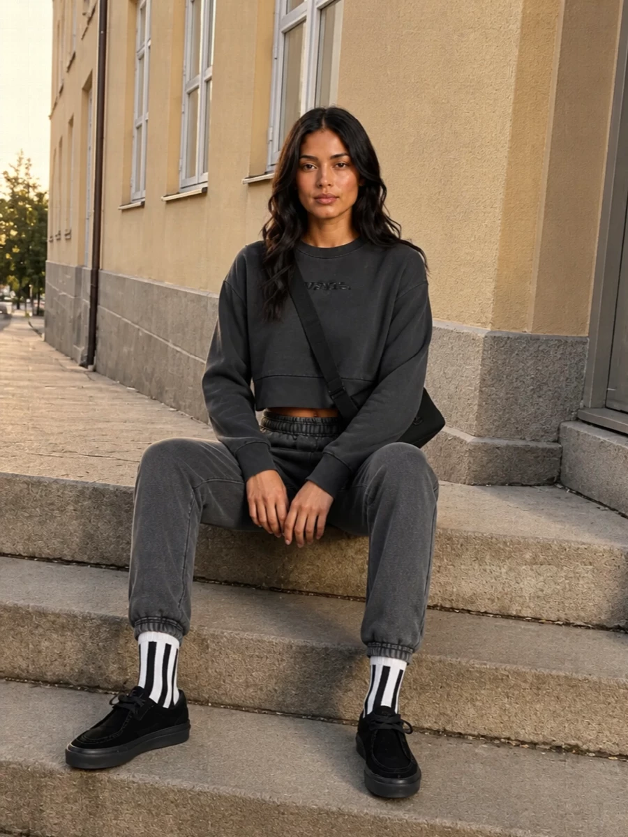 Head-to-toe charcoal keeps this skate set clean and grounded, with subtle logo hits doing the talking. Relaxed joggers and a cropped crew balance proportions so you still see shape, while all-black Vans and a compact cross-body keep everything city ready and low-key.