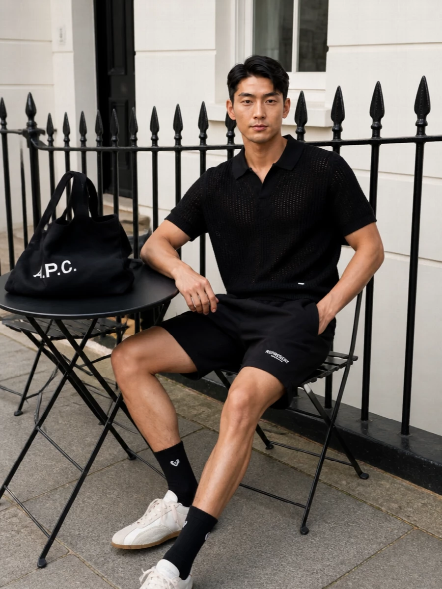 A black open-knit polo sits over clean black shorts for a relaxed, monochrome street uniform that still feels considered. Off-white German trainers break the darkness just enough, while a black logo tote and ribbed socks keep the details sharp but quiet. The result is easy to wear all day, from city errands to late terrace drinks, without losing that graphic, modern edge.