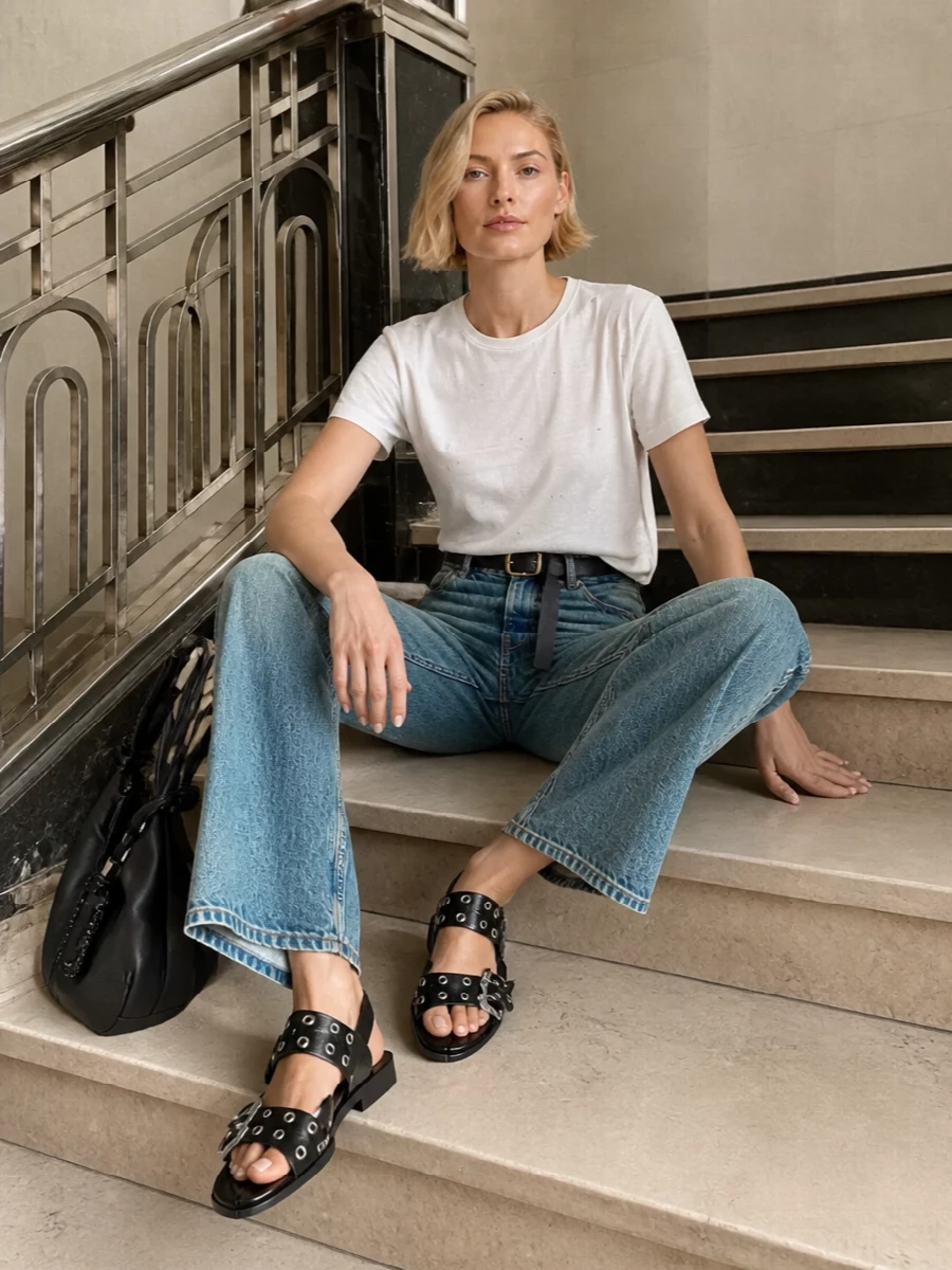 A crisp embellished tee pairs with high-rise wide-leg denim for a clean, street-led silhouette that feels relaxed but intentional. Black hardware-detailed sandals and a slouchy hobo keep the mood grounded and urban, while a slim wrap belt gives just enough definition at the waist. The result is an easy city uniform that lets the textures and small metal details do the talking in a restrained palette of white, blue and black.