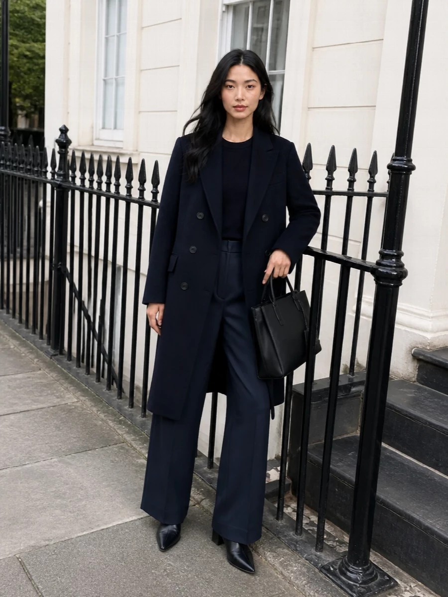 Prada navy coat wide leg trousers ankle boots