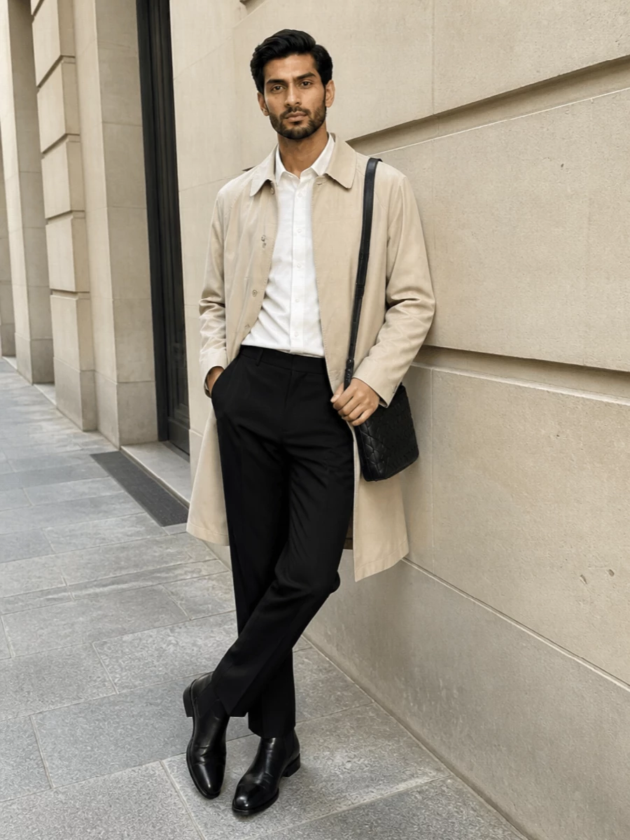 Prada coat black tailored trousers outfit
