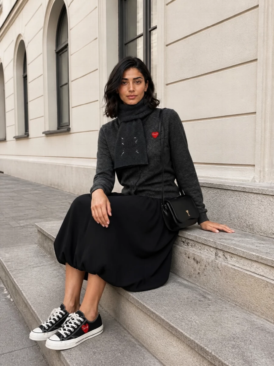 Comme des garcons cardigan black midi skirt outfit