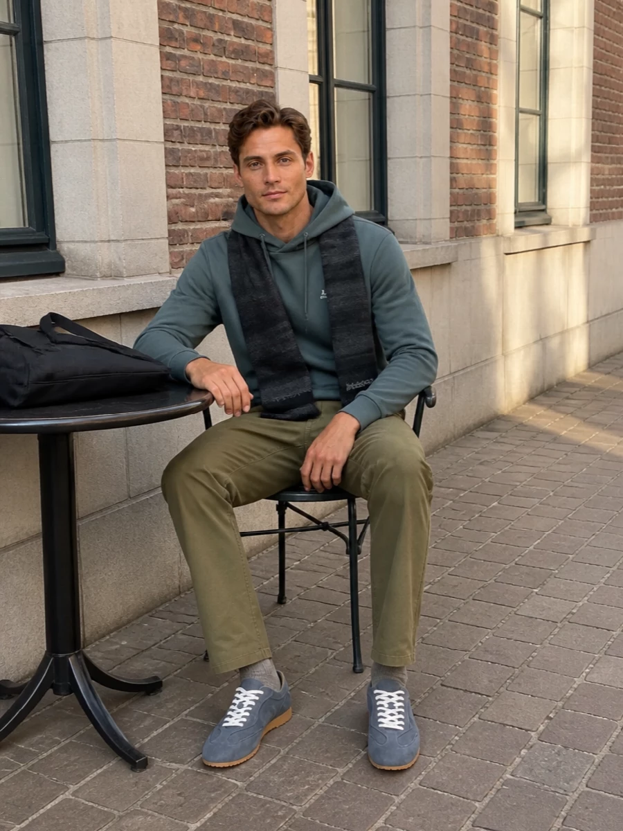 Apc hoodie olive chinos grey suede sneakers