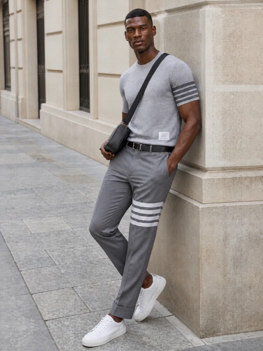 This look leans into Thom Browne’s uniform codes: the heather grey four‑bar tee paired with matching grey four‑bar wool trousers creates a refined, tonal take on collegiate tailoring. Clean white leather sneakers keep it light and modern, while a structured charcoal crossbody and slim black belt add just enough polish to feel intentional without disrupting the quiet‑luxury palette.