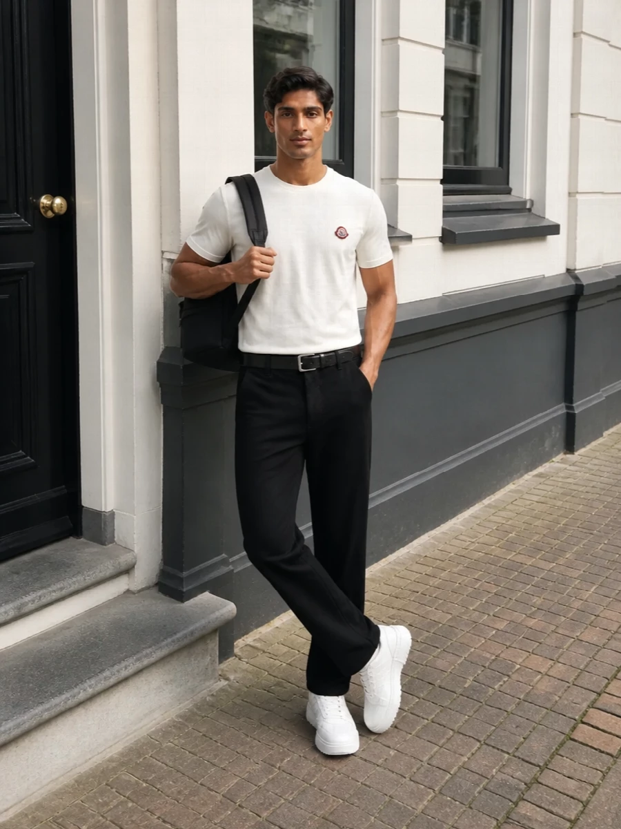 Moncler ivory tshirt black jeans white sneakers