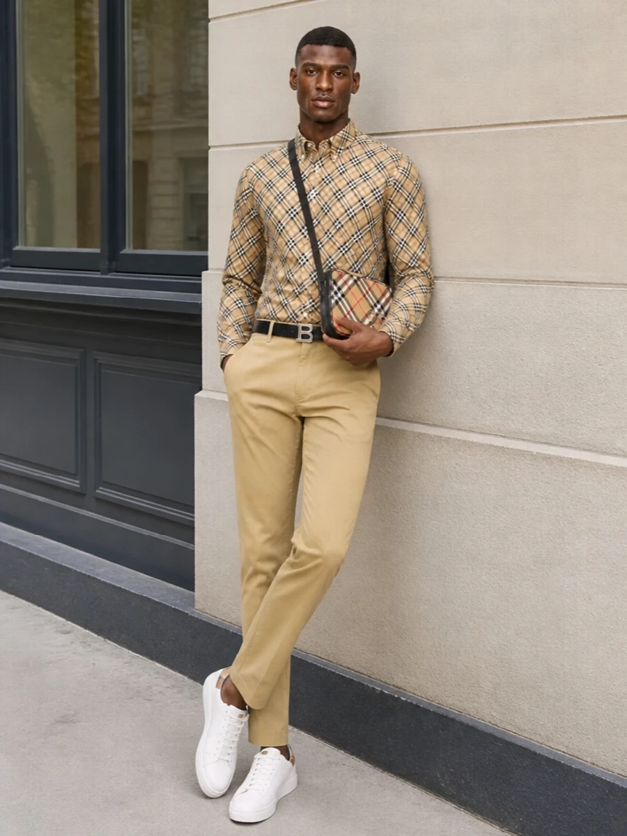 Burberry check shirt camel chinos outfit