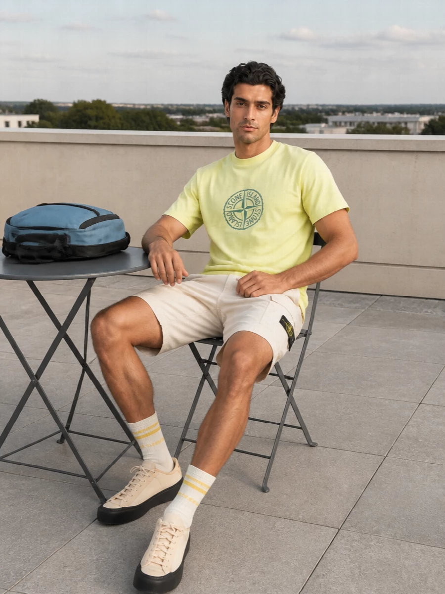 Stone island yellow tee beige cargo shorts outfit