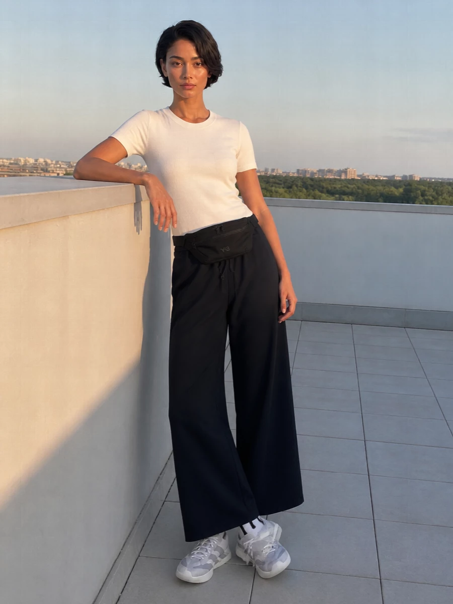 Y 3 ivory tee black wide leg track pants