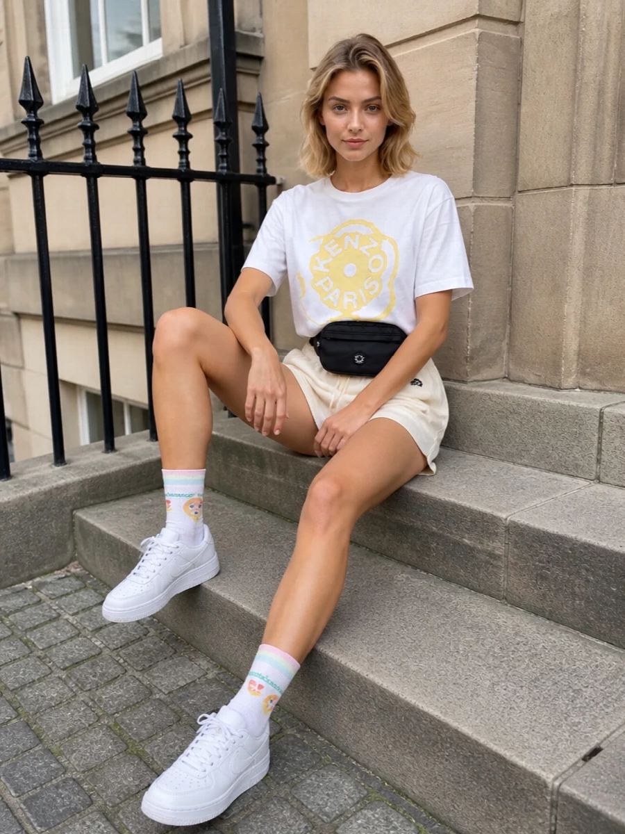 Kenzo logo tee mini skirt sneakers outfit