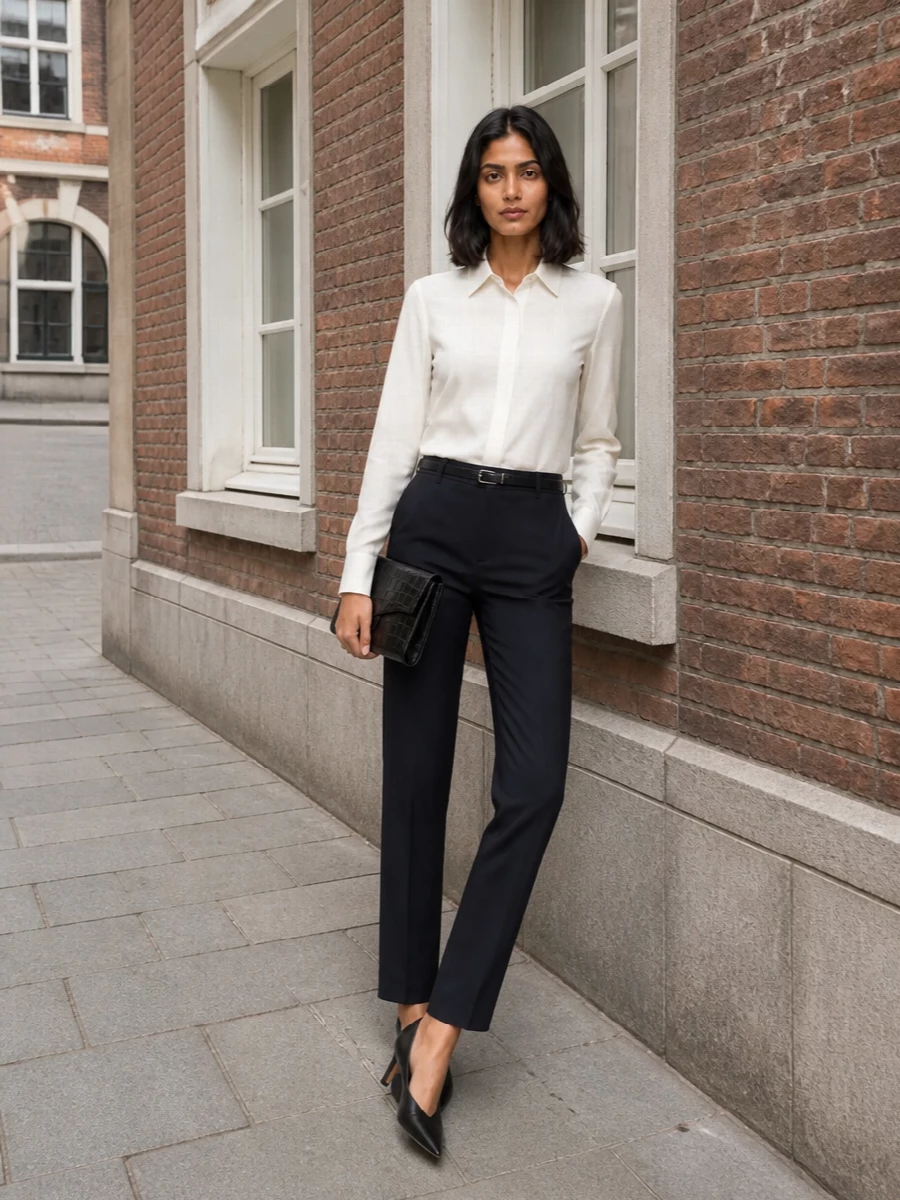A midnight navy tailored trouser is cut clean and high at the waist, sharpened by a crisp ivory shirt and cinched with a fine black belt. Sculptural black pumps and a sleek croc-embossed shoulder bag keep the lines lean and modern, creating a quietly commanding ensemble for client dinners, gallery openings, or any evening that calls for understated polish.