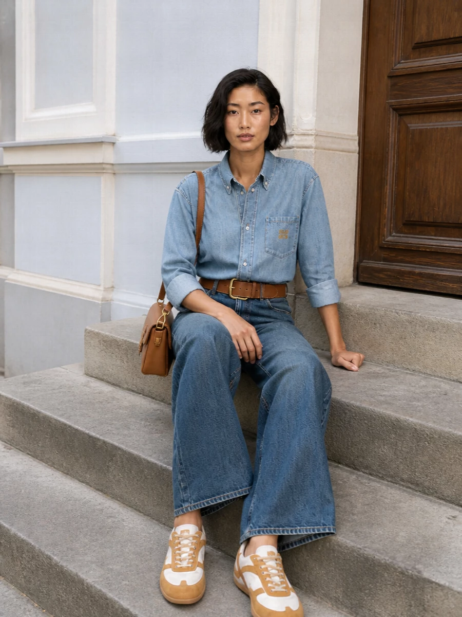Miu Miu’s light denim shirt is tucked into high-rise wide-leg jeans in a deeper wash, so the proportions feel long and lean rather than boxy. Tan accessories and retro sneakers soften the blue-on-blue story, adding warmth and a hint of collegiate polish to the utility base. Wear the belt to cinch the waist and keep the volume of the shirt balanced against the wide leg.