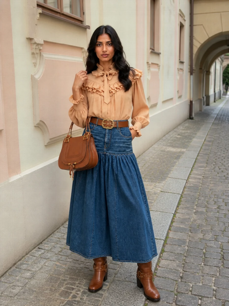 Chloe denim maxi peach blouse riding boots