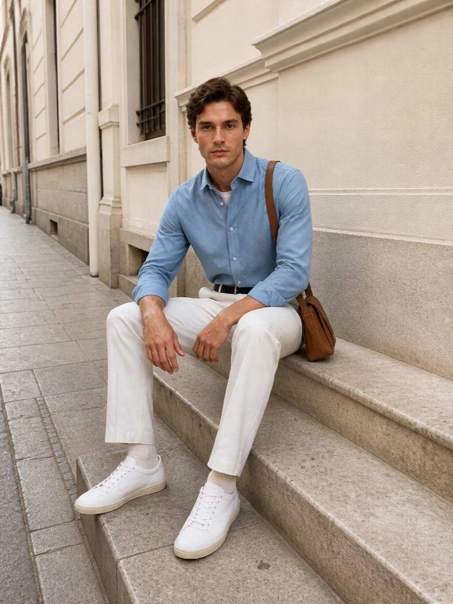 Giorgio armani denim shirt off white trousers