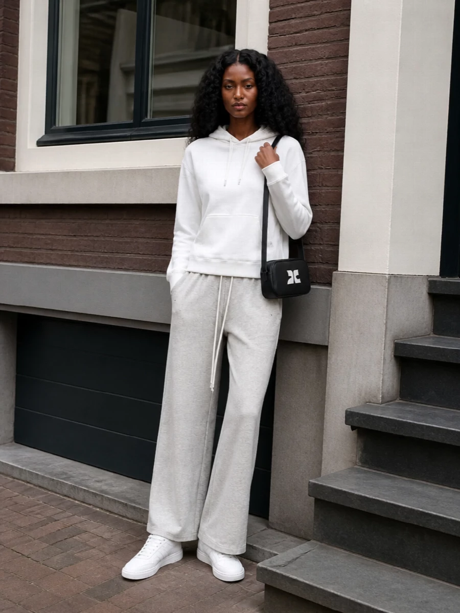 Courreges hoodie grey wide leg pants outfit