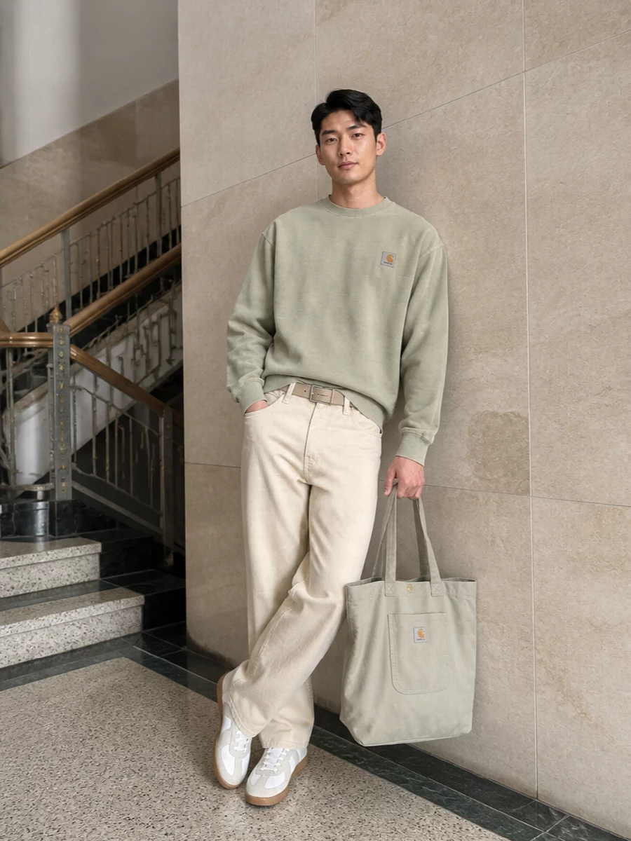 Carhartt beige pants sage crew adidas gum sneakers