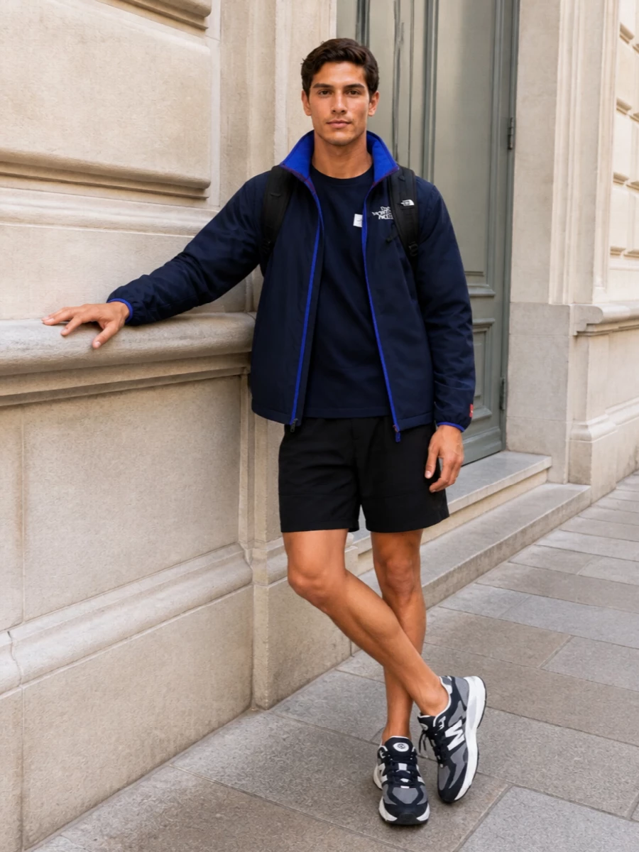 The north face navy shell black shorts outfit
