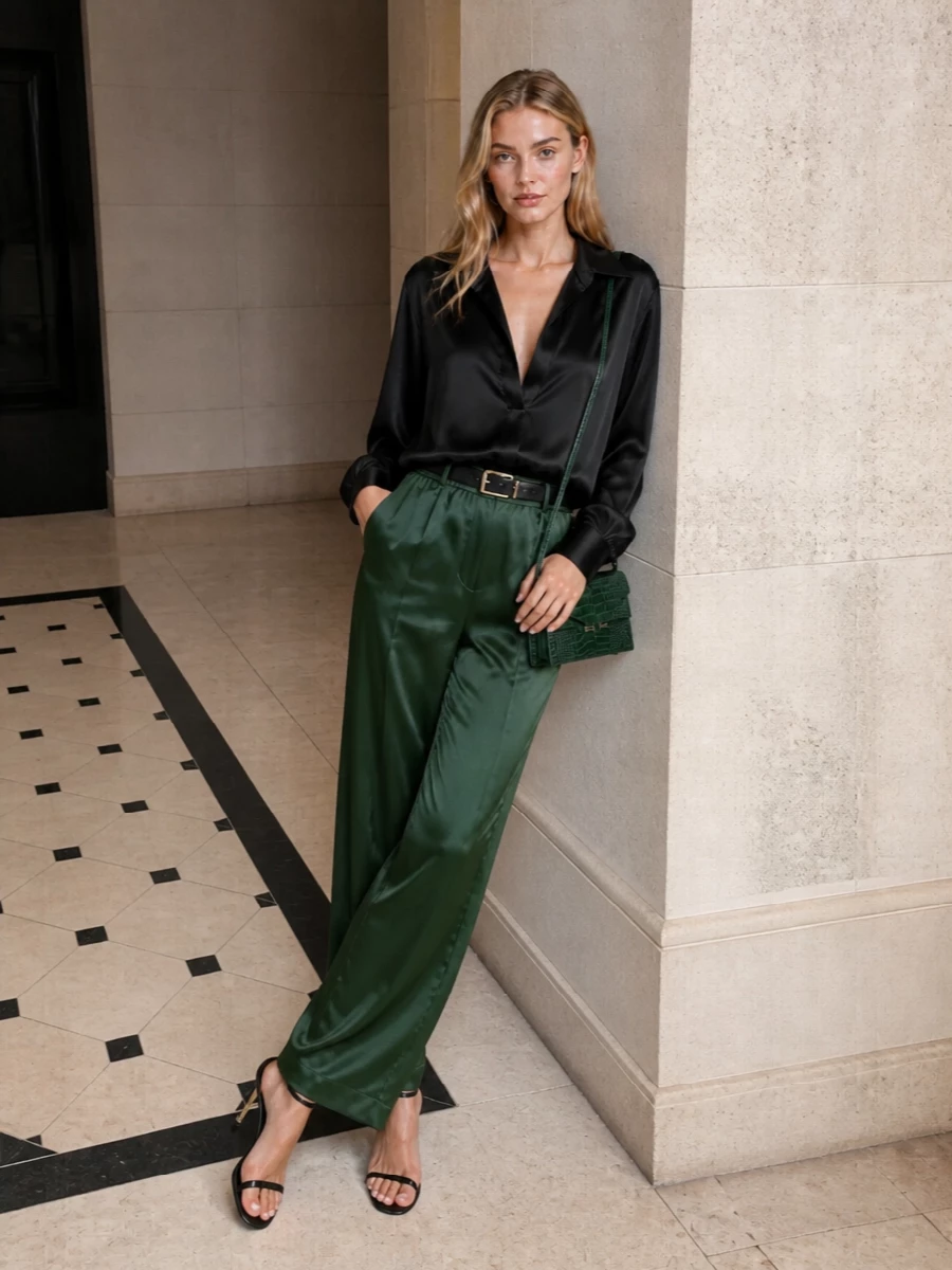 Liquid forest-green satin trousers are grounded with a relaxed black satin shirt for a quietly luxurious, after-dark take on loungewear tailoring. Black and gold accents at the waist, on the stiletto sandals and in the croc-embossed green bag keep the palette tight and refined, letting the fluid drape and subtle sheen do all the talking. The result is an elevated off-duty evening look that feels effortless, sensual and impeccably edited.