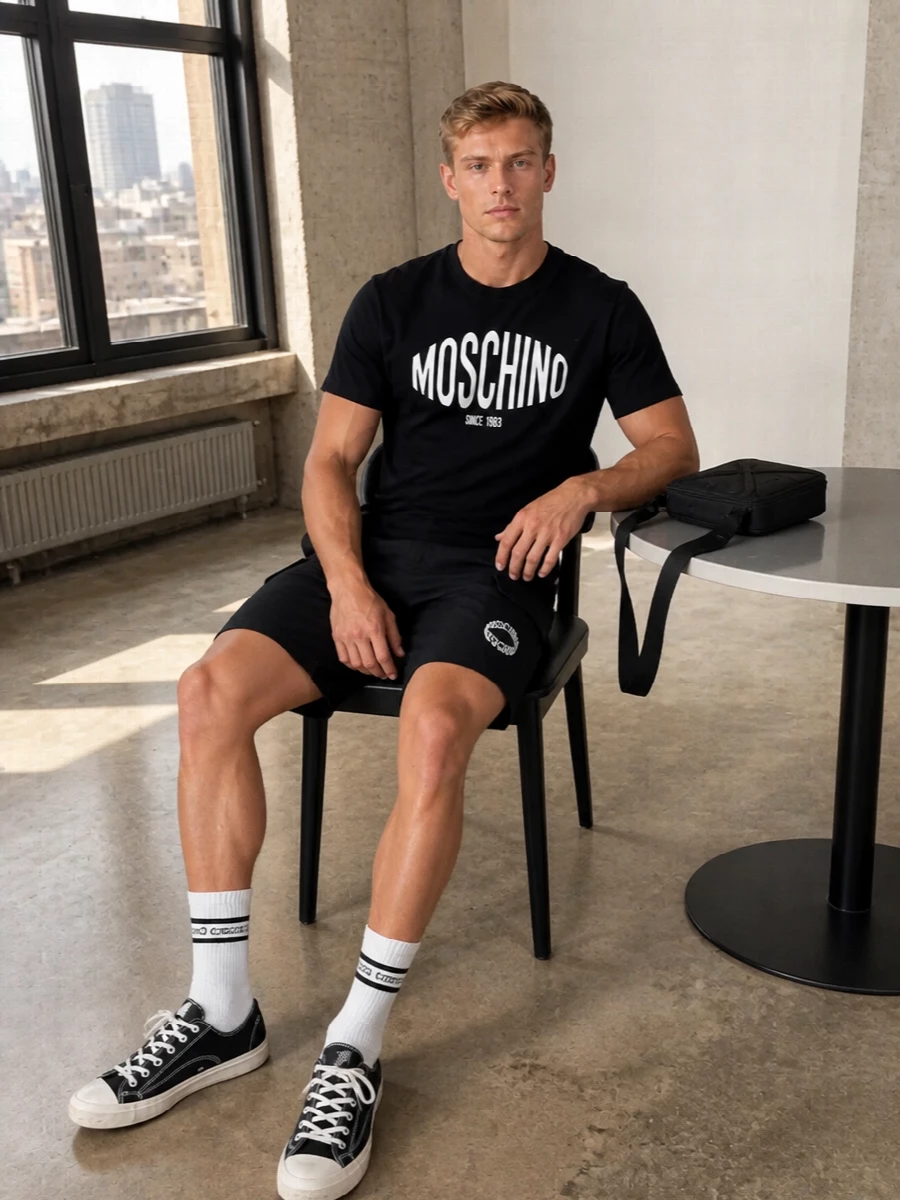 A clean black and white story keeps the Moschino logo tee front and center, grounded by sharp cargo shorts for a city-ready summer uniform. Graphic canvas sneakers and ribbed sport socks lean into a relaxed athletic mood, while the compact crossbody adds just enough structure and function without breaking the monochrome line.