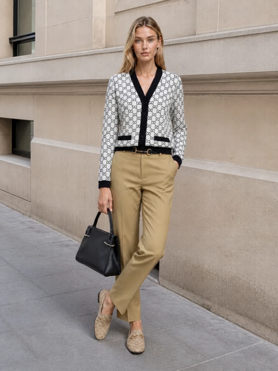 Gucci cardigan camel tailored trousers outfit