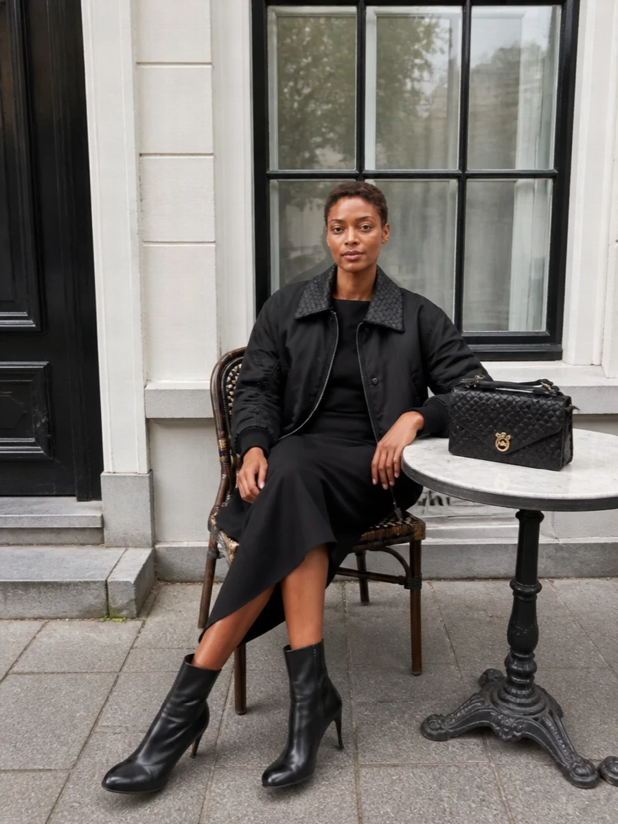 Bottega veneta black bomber asymmetric midi dress
