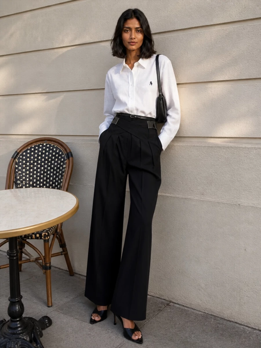 A longline white Attico shirt skims over sculpted high-rise charcoal wide-leg trousers for a clean, column silhouette that reads sharp but relaxed. Pointed black mules and a structured black shoulder bag keep the palette graphic and restrained, while a slim black belt quietly defines the waist. It is tailored, modern and suited to office hours that easily stretch into late dinners.