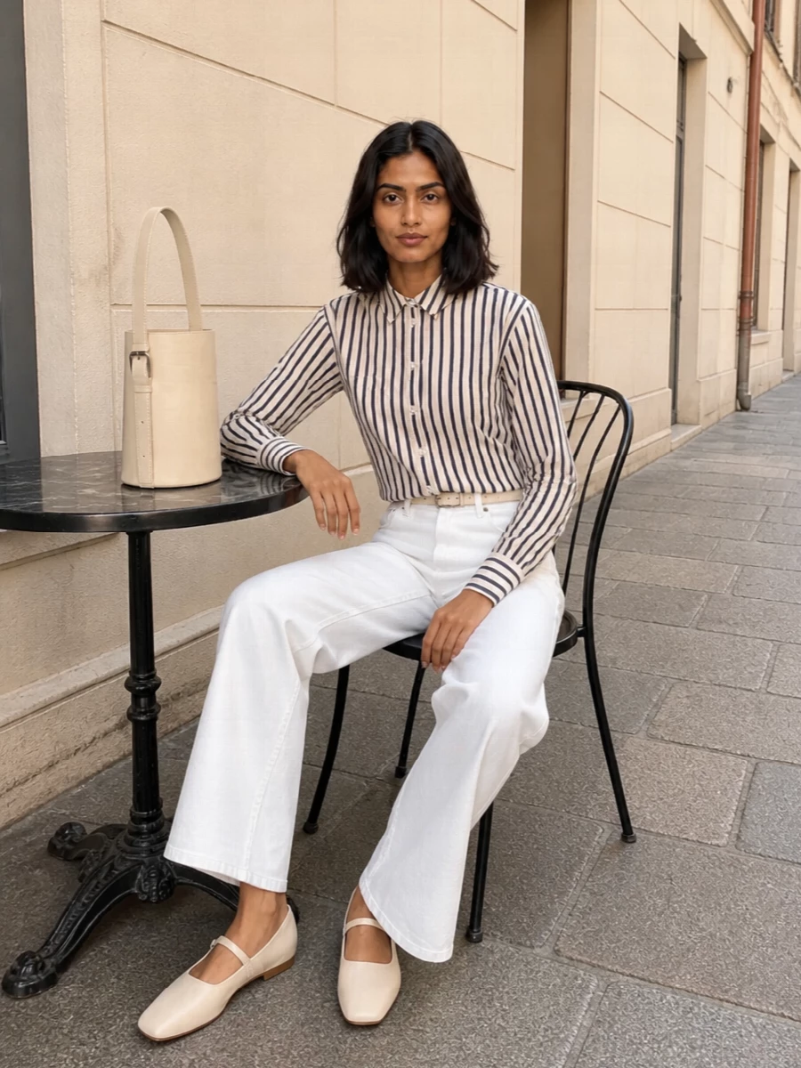 Anine Bing’s wide-leg white trouser is paired with the cropped striped shirt for a clean, modern take on prep that still feels understated. Cream square-toe ballerinas and a buttercream Coperni bucket keep everything soft and tonal, while a slim pale belt sharpens the waist so the wide leg reads intentionally styled for spring days in the city.