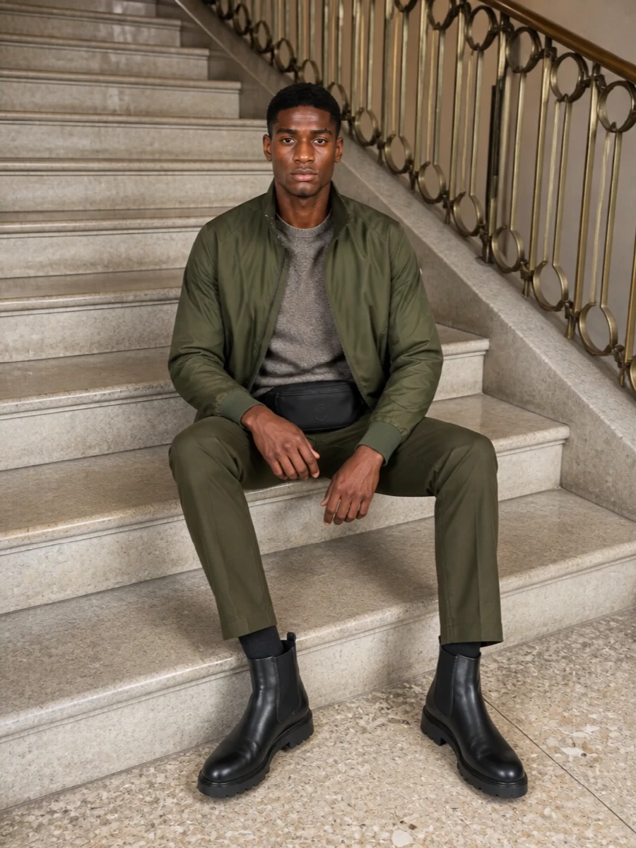 Baracuta bomber olive trousers chelsea boots