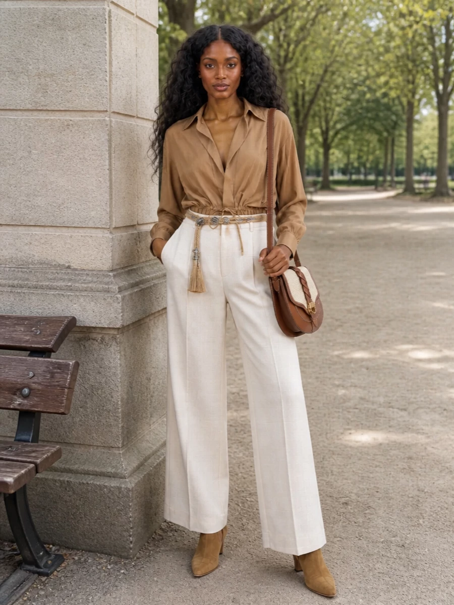 Warm camel on top and soft ivory below create a quiet, sunlit column that feels relaxed yet intentional. The high-waisted wide-leg trouser balances the wrap blouse’s drape, while camel suede boots and a tan-and-raffia saddle bag keep the palette earthy and refined. A braided belt nods to bohemian ease but keeps the waist neatly framed for city days and low-key evenings alike.